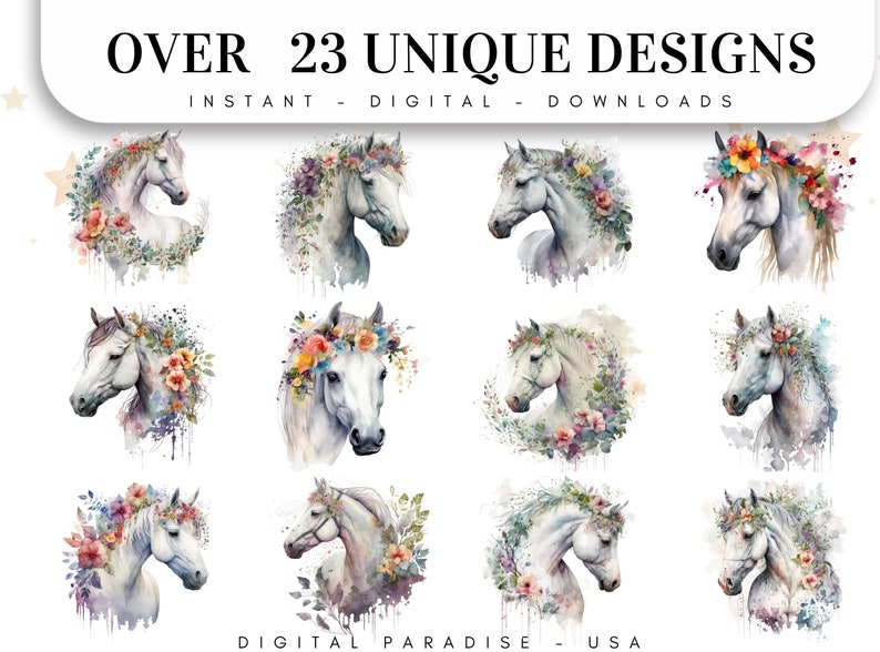 Set of 23, Watercolor Floral Horse Art, Floral Horse Clipart, Watercolor Horse Png, Card Making, Mixed Media, Floral Horse Svg, Digital PNG image 2
