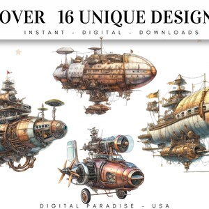 Lot de 16, Clipart dirigeable steampunk, aquarelle steampunk PNG, Art steampunk, décoration Steampunk, victorien, montgolfière PNG, PNG numérique image 2