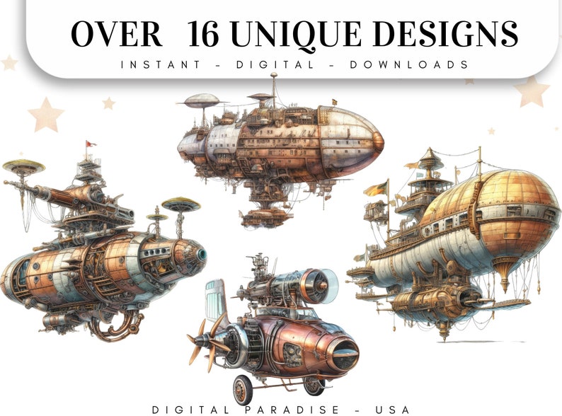 Lot de 16, Clipart dirigeable steampunk, aquarelle steampunk PNG, Art steampunk, décoration Steampunk, victorien, montgolfière PNG, PNG numérique image 2