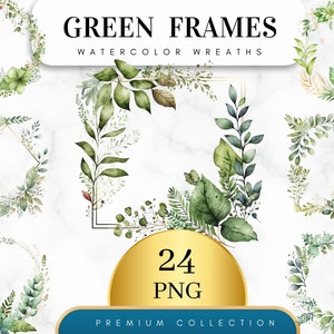 Set of 24, Watercolor Green Plant Frames Set, Greenery Digital Frames, Botanical Clipart, Watercolor Clipart, Foliage Clipart ,Digital PNG