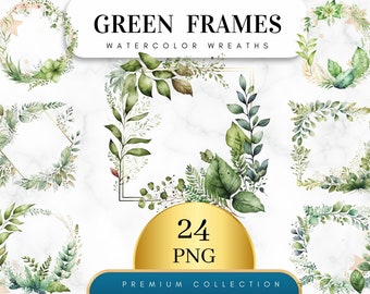 Set of 24, Watercolor Green Plant Frames Set, Greenery Digital Frames, Botanical Clipart, Watercolor Clipart, Foliage Clipart ,Digital PNG