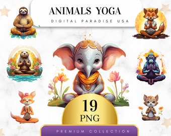 May include: A set of 19 digital illustrations featuring various animals practicing yoga poses. The animals include a sloth, otter, fox, monkey, elephant, and cat. The illustrations are in a cartoon style and feature bright colors.