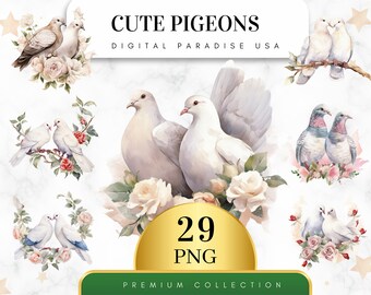Set of 29, Cute Pigeons Clipart, Pigeon PNG, Bird Clipart, Scrapbook Birds, Watercolor Pigeons, Pigeon Art, Digital Download,Sublimation PNG