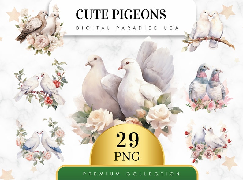 Set of 29, Cute Pigeons Clipart, Pigeon PNG, Bird Clipart, Scrapbook Birds, Watercolor Pigeons, Pigeon Art, Digital Download,Sublimation PNG image 1