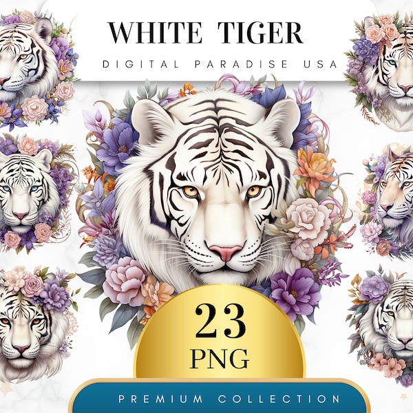 Set of 23, White Tiger Clipart, Tiger PNG, Jungle Animal, Safari Clipart, White Tiger PNG, Junk Journal, Digital Download, Sublimation PNG