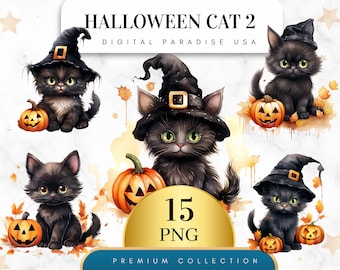 Set of 15, Halloween Cat Clipart, Black Cat Clipart, Cute Cat PNG, Trick or Treat Clipart, Halloween Png, Digital Download, Sublimation PNG