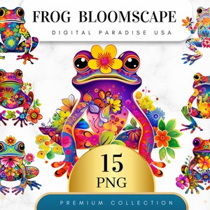 Set of 15, Watercolor Frog Bloomscape, Frog PNG, Cute Frog Illustration, Animal Clipart, Floral Frog Png, Sublimation PNG, Digital Download