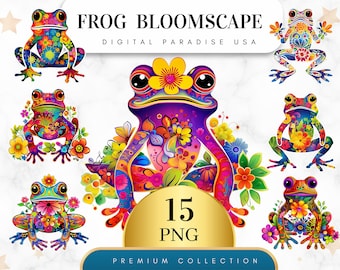 Set of 15, Watercolor Frog Bloomscape, Frog PNG, Cute Frog Illustration, Animal Clipart, Floral Frog Png, Sublimation PNG, Digital Download