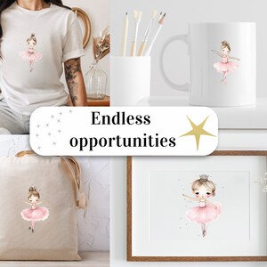 May include: A set of four different products featuring a watercolor illustration of a ballerina girl wearing a pink tutu and a crown. The products include a tote bag, a t-shirt, a mug, and a framed print. The text "Endless opportunities" is displayed on a white background.