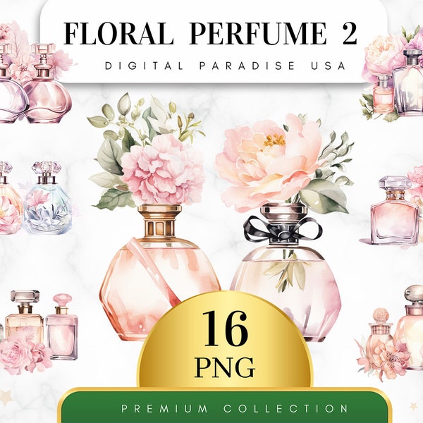 Set of 16, Floral Perfume Clipart 2, Flower Fragrance, Watercolor Perfume, Floral Clipart, Perfume Bottle, Sublimation PNG, Digital Download