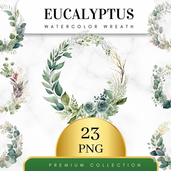 Set of 23, Watercolor Eucalyptus Clipart, Greenery Clipart , Watercolor Frame, Watercolor Floral Clipart, Botanical Clipart, Digital PNG