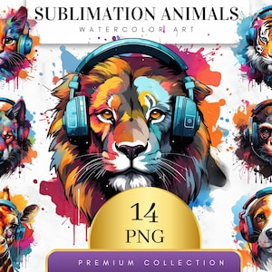 14 個セット、昇華動物ヘッドフォン、動物アート、動物 PNG、デジタル ダウンロード、かわいい動物クリップアート、ヘッドフォン クリップアート、音楽クリップアート