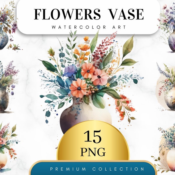 Set of 15, Vase Of Flowers Clipart, Watercolor Flowers in Vase, Botanical Art, Card Making, Journaling, Digital Paper Craft, Digital Png