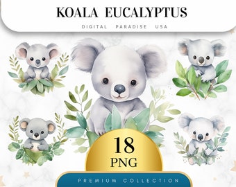 Set of 18, Koala Eucalyptus Clipart, Koala Clipart, Eucalyptus Clipart, Watercolor Koala, Sublimation PNG, Digital Download, Scrapbook PNG