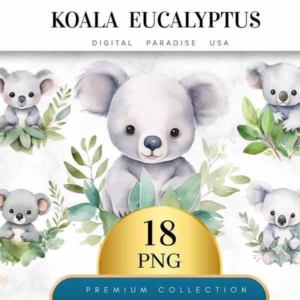 Set of 18, Koala Eucalyptus Clipart, Koala Clipart, Eucalyptus Clipart, Watercolor Koala, Sublimation PNG, Digital Download, Scrapbook PNG