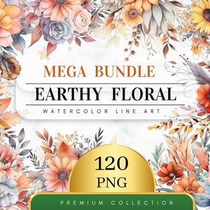 Lot de 120, dessin au trait floral aquarelle terreux, Clipart floral, imprimé floral, Clipart botanique, Art floral Png, Clipart mariage, numérique Png image 1