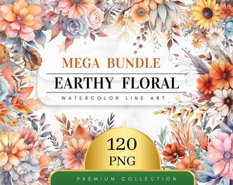 Conjunto de 120 ilustraciones florales de acuarela con líneas terrosas, imágenes prediseñadas florales, impresiones florales, imágenes prediseñadas botánicas, arte floral PNG, imágenes prediseñadas de boda, imágenes prediseñadas digitales PNG