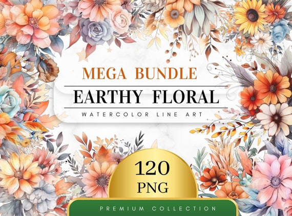 Set of 120, Watercolor Earthy Floral Line Art, Floral Clipart, Floral Print, Botanical Clipart, Floral Art Png, Wedding Clipart, Digital Png