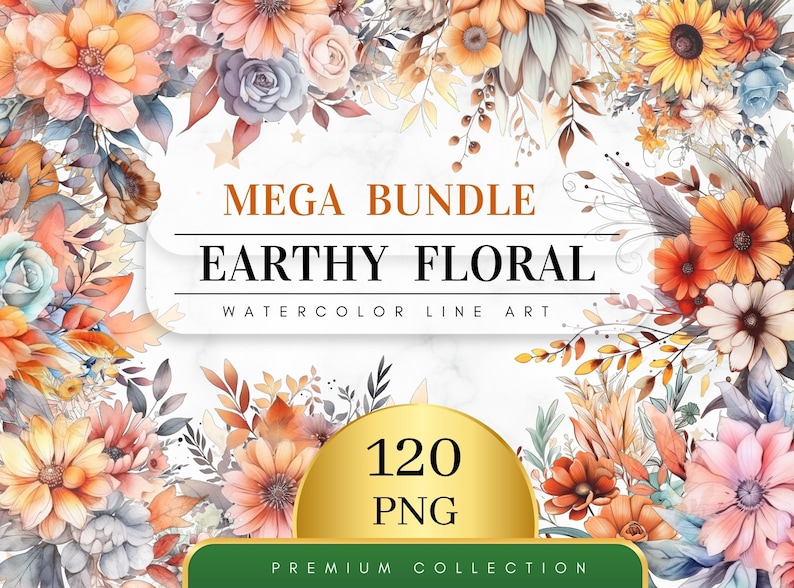 Lot de 120, dessin au trait floral aquarelle terreux, Clipart floral, imprimé floral, Clipart botanique, Art floral Png, Clipart mariage, numérique Png image 1