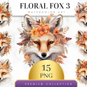 Set of 15, Watercolor Floral Fox Clipart 3, Fox PNG, Boho Fox Art, Junk Journal, Floral Animal, Fox Clipart, Sublimation, Digital Download