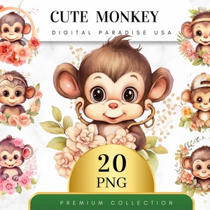 Set von 20, süße Affe Clipart, Affe PNG, Dschungel Tier Clipart, Baby-Dusche-Dekor, Safari Clipart, Scrapbook, Sublimation, digitale PNG