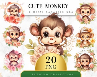 Set von 20, süße Affe Clipart, Affe PNG, Dschungel Tier Clipart, Baby-Dusche-Dekor, Safari Clipart, Scrapbook, Sublimation, digitale PNG