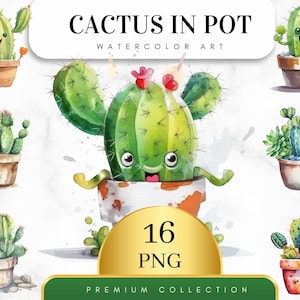 Lot de 16, clipart aquarelle cactus en pot, verdure, art mural, fabrication de cartes, art imprimable cactus, lot d'illustrations numériques, numérique Png