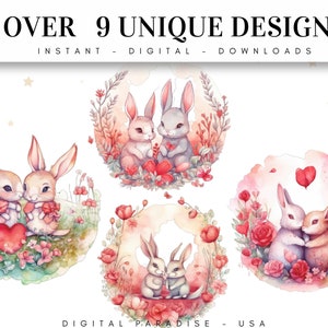 Set of 9, Watercolor Bunnies in Love, Bunny PNG, Bunny in Love Png, Animals Clipart, Bunny Wall Art, Printable Bunnies Art, Digital PNG image 2
