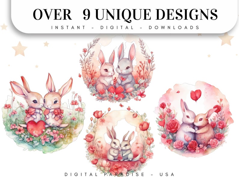 Set of 9, Watercolor Bunnies in Love, Bunny PNG, Bunny in Love Png, Animals Clipart, Bunny Wall Art, Printable Bunnies Art, Digital PNG image 2