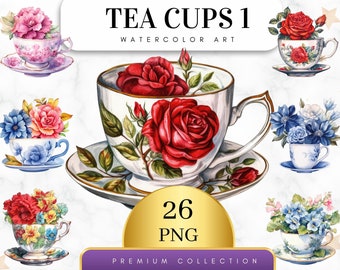 Set of 26, Watercolor Vintage Teacup Clipart, Tea Time art, Flower Teacup Png, Scrapbook, Junk Journal, Digital Art, Sublimation,Digital PNG