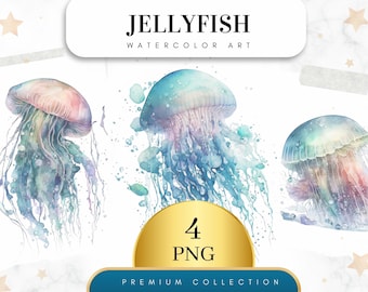 Set of 4, Watercolor Jellyfish Clipart, Cute Nautical Ocean Animals PNG Clip Art Graphics, Instant Download for Commercial Use, Digital PNG