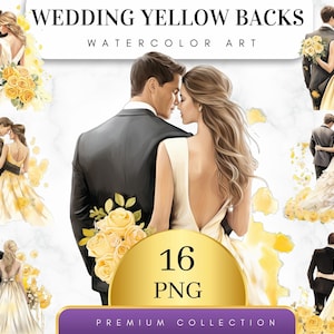 Set van 16, bruidspaar gele achterkant, trouwdag clipart PNG, huwelijk clipart, net getrouwd clipart, bruid en bruidegom PNG, digitale PNG
