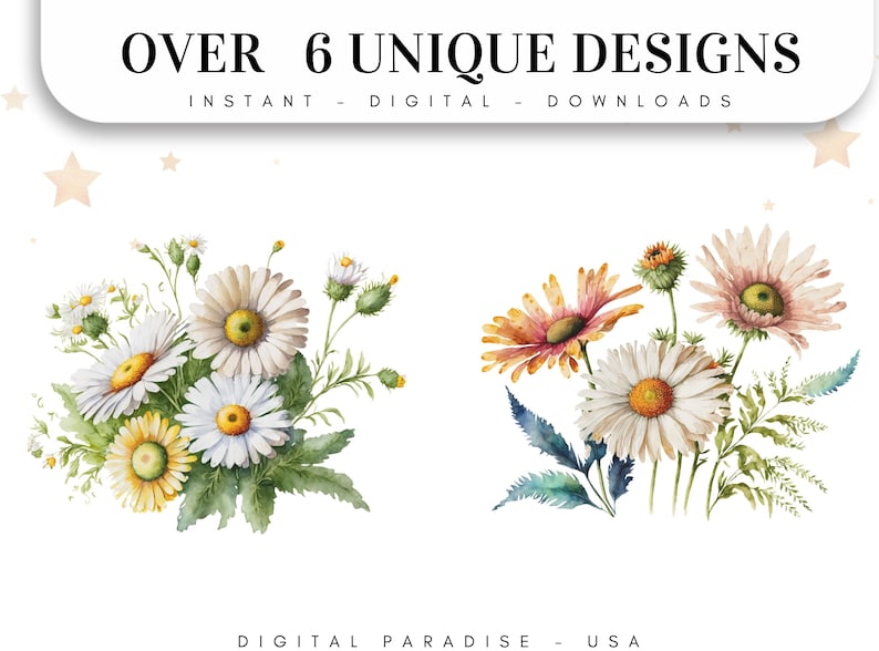 May include: Two watercolour illustrations of floral bouquets. The first bouquet features white daisies with yellow centres and green leaves. The second bouquet features a mix of white daisies, pink daisies, and orange flowers with yellow centres.