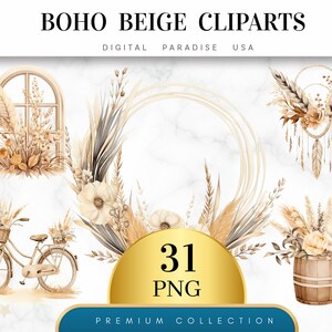 Set of 31, Boho Beige Cliparts, Beige Clipart Bundle, Junk Journal Art, Scrapbook Clipart, Beige Dreamcatcher, Sublimation, Digital Download image 1
