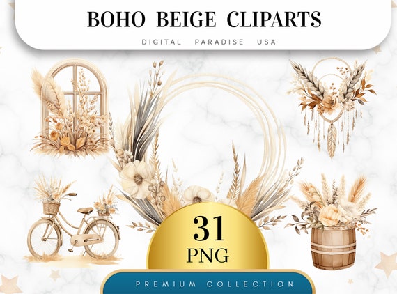 Set of 31, Boho Beige Cliparts, Beige Clipart Bundle, Junk Journal Art, Scrapbook Clipart, Beige Dreamcatcher, Sublimation, Digital Download
