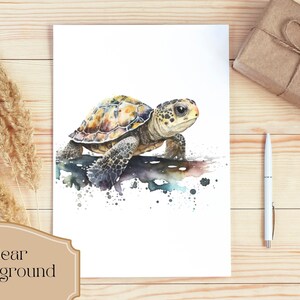 May include: Watercolor painting of a small sea turtle with a brown, yellow, and green shell. The turtle is walking on a rock with blue and green watercolor splatters in the background.