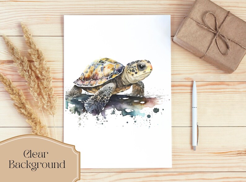 May include: Watercolor painting of a small sea turtle with a brown, yellow, and green shell. The turtle is walking on a rock with blue and green watercolor splatters in the background.