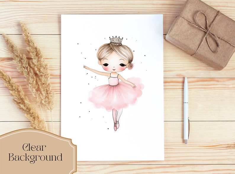 May include: A digital illustration of a ballerina wearing a pink tutu and a crown. The ballerina has blonde hair and is smiling. The background is white with small black dots.
