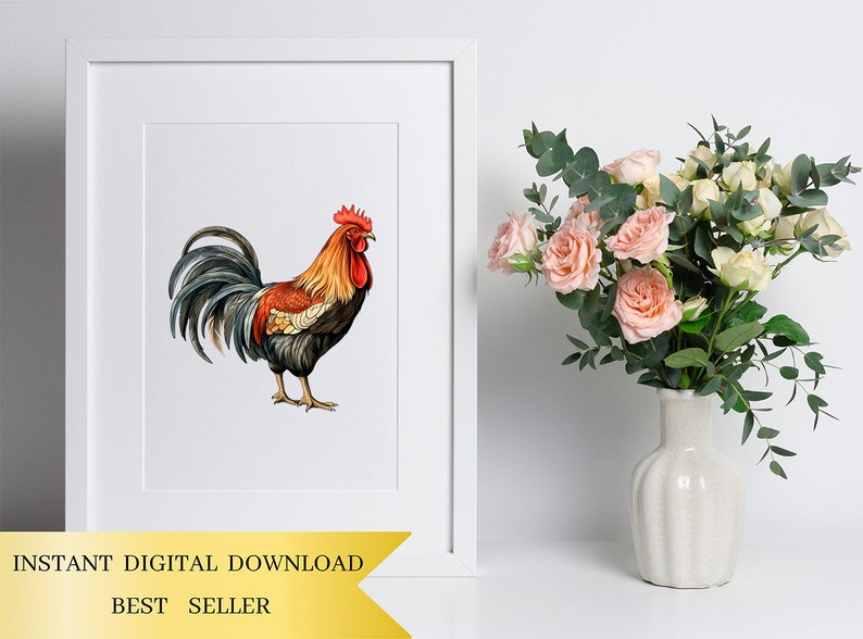 May include: A watercolor illustration of a rooster with a red comb and wattle, black and brown feathers, and a long, flowing tail. The rooster is standing on a white background.
