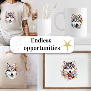 Set di 24, Clipart floreali di husky siberiano, PNG di husky, Clipart di husky, Arte floreale di cani, Animali floreali in formato PNG, PNG a sublimazione, Download digitale immagine 8