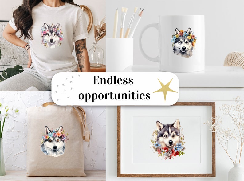 Set di 24, Clipart floreali di husky siberiano, PNG di husky, Clipart di husky, Arte floreale di cani, Animali floreali in formato PNG, PNG a sublimazione, Download digitale immagine 8