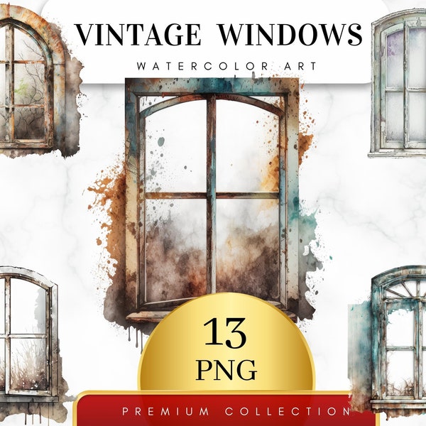 Set of 13, Watercolor Vintage Windows Clipart, Watercolor Vintage Windows PNG, Scrapbook, Junk Journal, Digital Crafting, Digital PNG