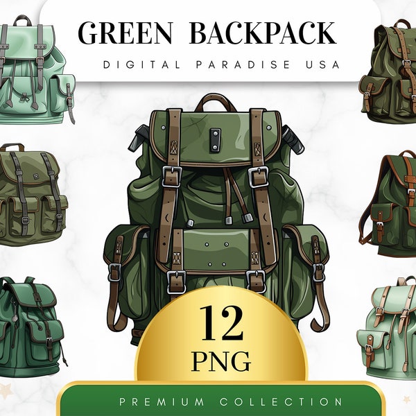 Set of 12, Green Backpack Clipart, Backpack PNG, School Bag Clipart, Back to School Clipart, Digital PNG, Travel Clipart, Sublimation PNG