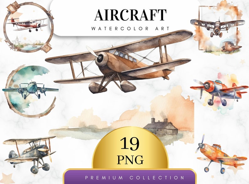 Set di 19 clipart di aeroplani acquerellati, aviazione, viaggi, volare, aerei, clipart, pianificatore digitale, arte digitale, album di ritagli, PNG digitale immagine 1