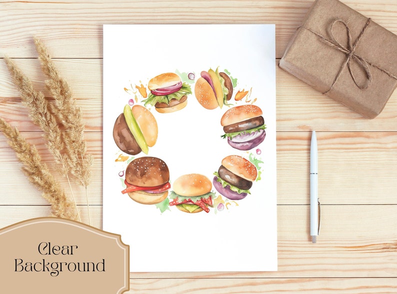 Lot de 11, clipart Burger aquarelle, lot de cliparts Fast-Food, Clipart Hamburger, Fast Food Png, Sublimation Png, Scrapbooking, Digital Png image 3