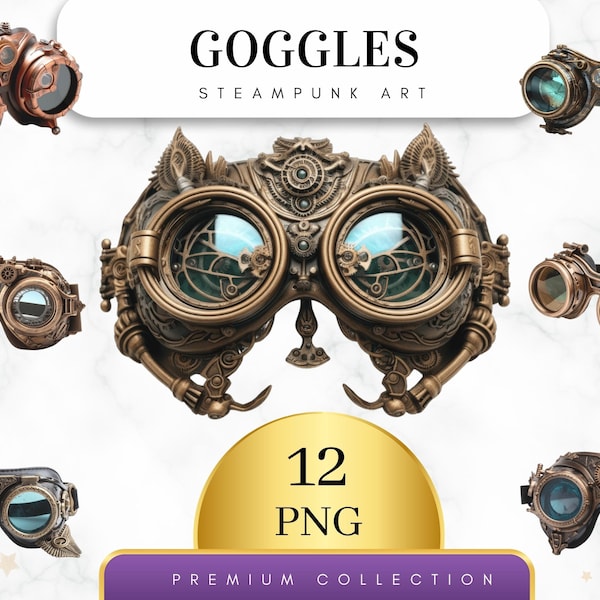 Set of 12, Steampunk Goggles Clipart, Watercolor Steampunk Png, Steampunk Art, Steampunk Print, Sublimation Png, Goggles Png, Digital Png