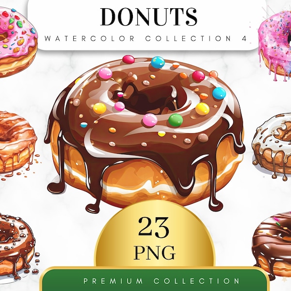 Set of 23, Watercolor Donuts Art, Donuts Clip Art, Dessert Clipart Bundle, Sweet Bakery Food Clipart, Donut png, Food clipart, Digital Png