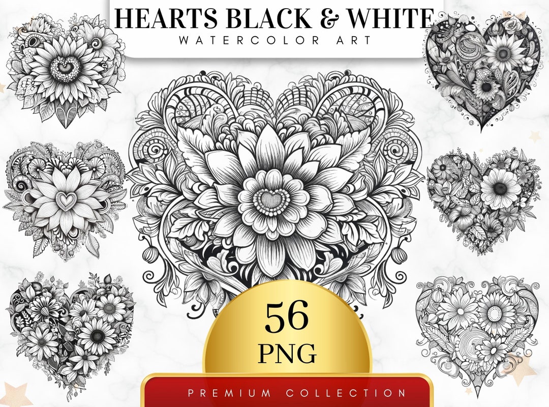 Set of 56, Black and White Hearts Clipart, Heart PNG, Love Clipart ...