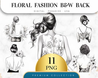 Set of 11, Black and White Floral Fashion Back Clipart, Fashion Girl Clipart, Girl Clipart, Watercolor Girl, Sublimation PNG, Digital PNG