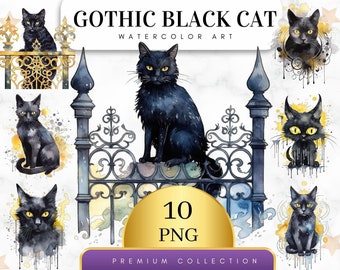 Set of 10, Watercolor Fantasy Gothic Black Cats Png, Black Cat Clip Art, Gothic Black Cat Clipart, Magical Clipart, Pagan png, Digital Png